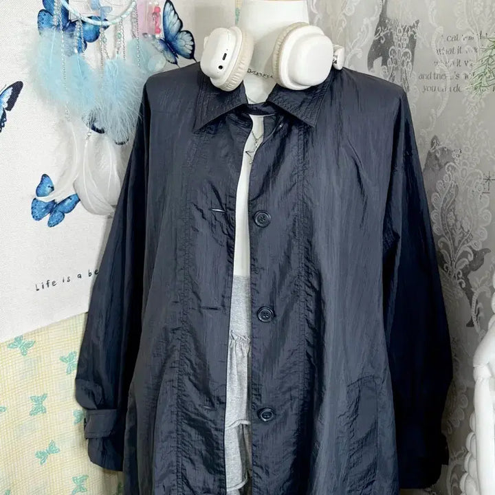 [BUNJANG] Unbelievable Blue Gray Neck Buckle Windbreaker Coat Jacket / 블루 그레이 넥버클 바람막이 코트 자켓