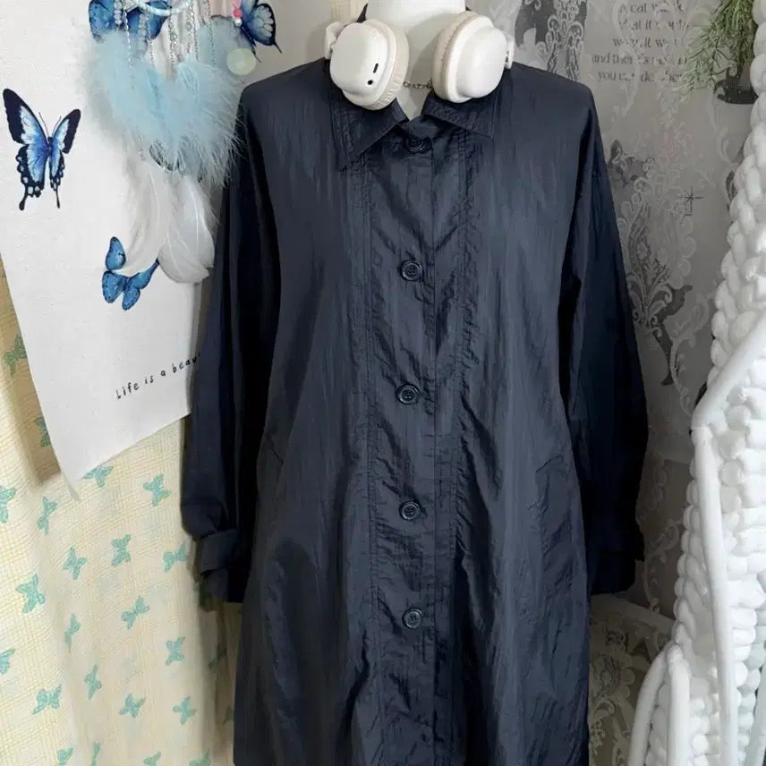 [BUNJANG] Unbelievable Blue Gray Neck Buckle Windbreaker Coat Jacket / 블루 그레이 넥버클 바람막이 코트 자켓