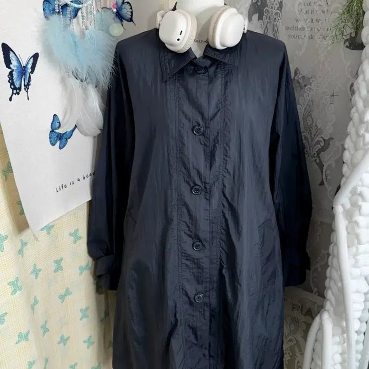 [BUNJANG] Unbelievable Blue Gray Neck Buckle Windbreaker Coat Jacket / 블루 그레이 넥버클 바람막이 코트 자켓