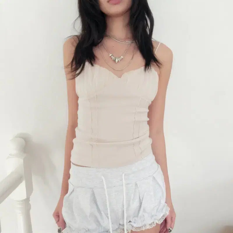 [SOLD OUT] 루즈슬립오버 Custard Mesh Top Ash Pink