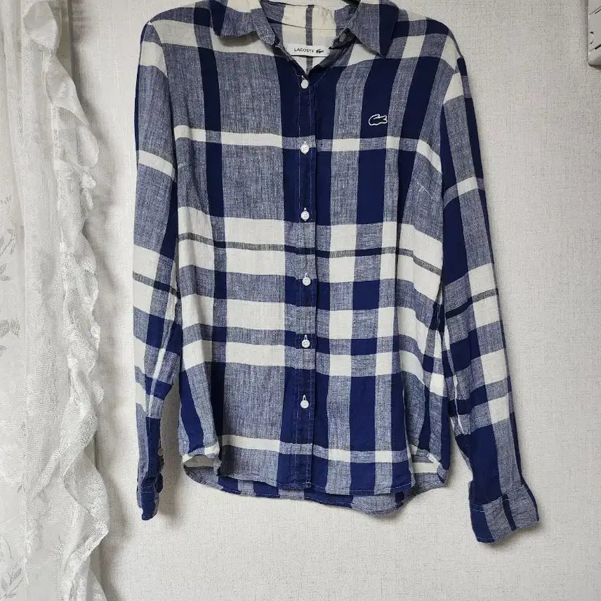 [BUNJANG] Lacoste 100% Linen Check Long Sleeve Shirt / 라코스테 린넨100% 체크 셔츠 남방 긴팔