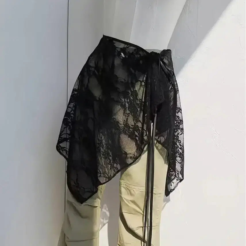 [BUNJANG] Black Lace Layered Wrap Skirt / 블랙 레이스 레이어드 랩스커트(새상품)