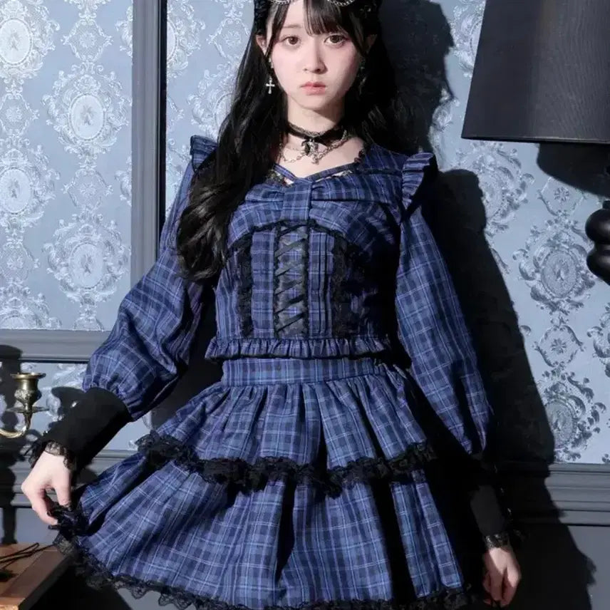 [BUNJANG] Noemi Blue Choker Ribbon Set / 노에미 데콜테 초커 리본 셋업 블루 지뢰계 양지뢰 섭컬 서브컬쳐 리즈리사