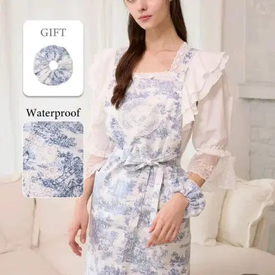 [BUNJANG] DeBeurre Bebe Twill Waterproof Apron &amp; Scrunchie Set - Blue / 드브르베 트왈 방수 앞치마 + 머리끈 세트 블루