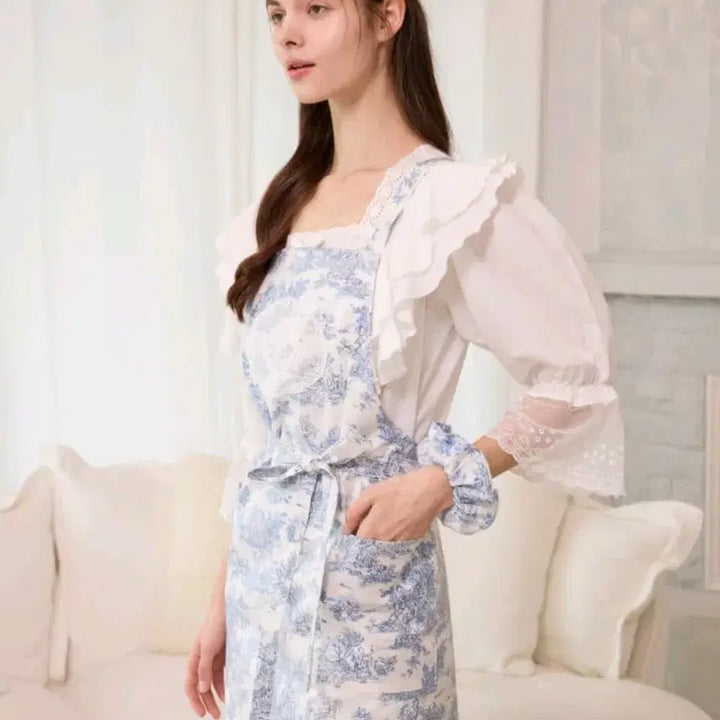 [BUNJANG] DeBeurre Bebe Twill Waterproof Apron &amp; Scrunchie Set - Blue / 드브르베 트왈 방수 앞치마 + 머리끈 세트 블루