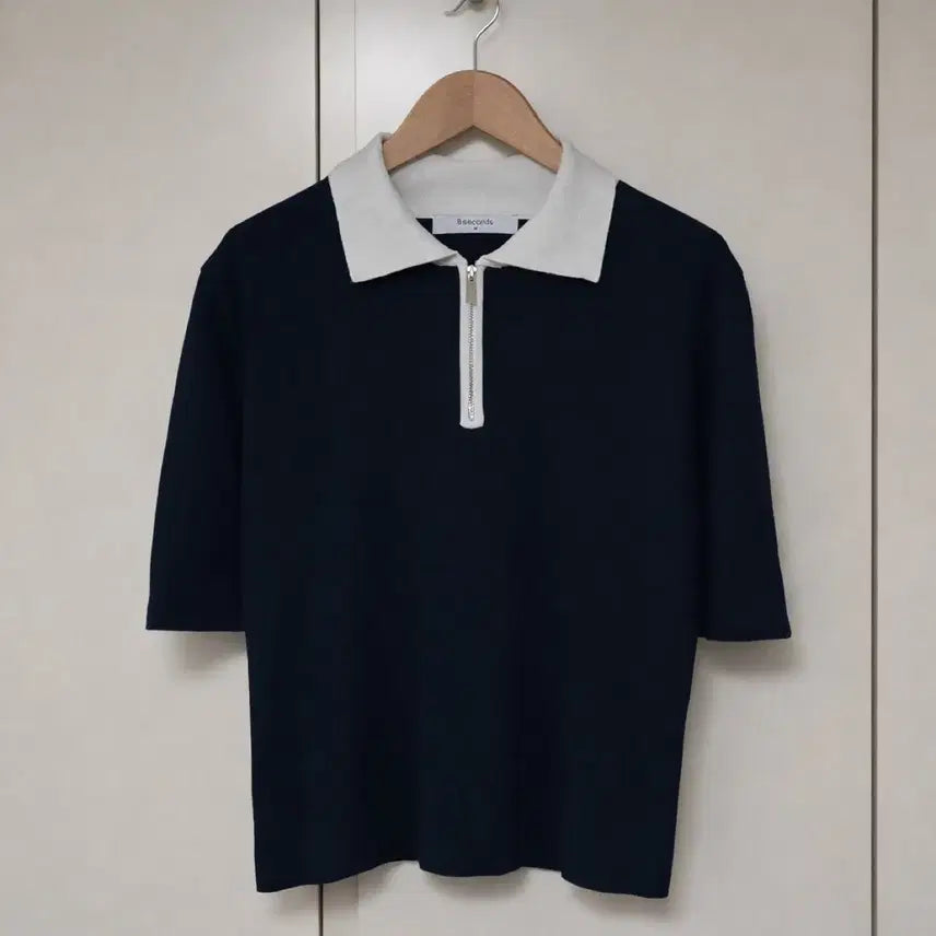 [BUNJANG] 8seconds Navy Collar Zip Short Sleeve T-shirt / 8세컨즈 네이비 카라 집업 반팔티