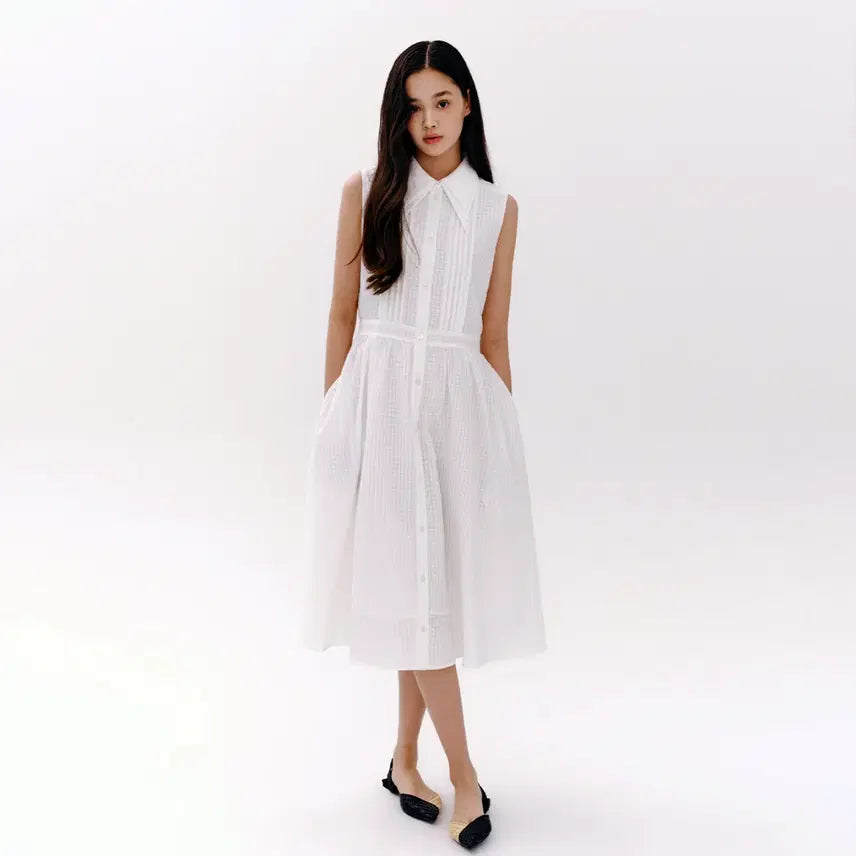 [BUNJANG] marie claire Double Collar Pintuck Dress / 마리끌레르(marie claire) 더블카라 핀턱원피스 55-66 새상품