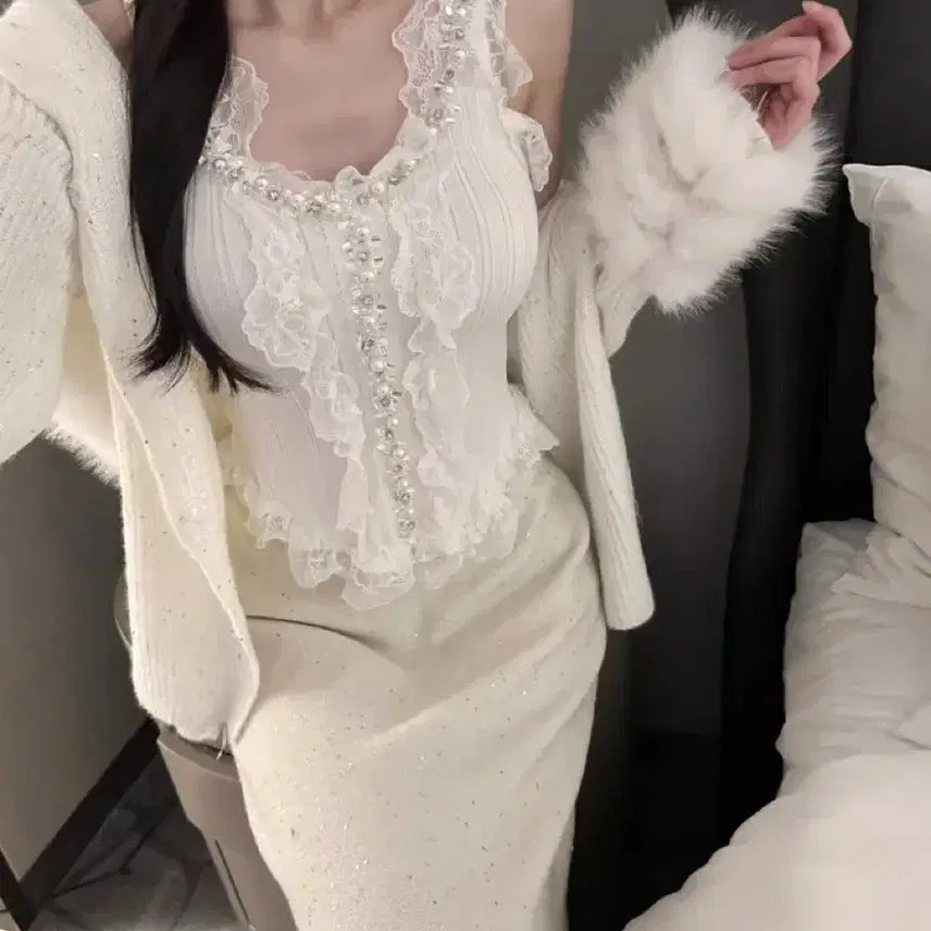 [BUNJANG] Lamielose Snow Sequin Faux Fur Cardigan / 에이블리 라멜로즈 - 스노우 시퀸 폭스퍼가디건