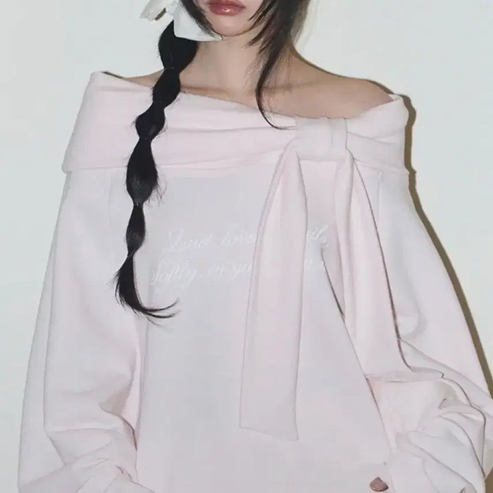 [BUNJANG] Ilygo Pure Bow Off-shoulder Sweatshirt Pink / 판매)일리고 퓨어 보우 오프숄더 맨투맨 핑크