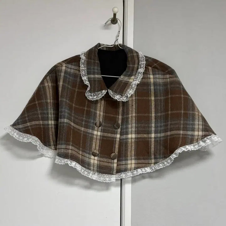 [BUNJANG] Pompom Cape Plaid Two-Piece Set / 폼폼 케이프 망토 니트 배색 원피스 세트 라떼갸루 판초 투피스