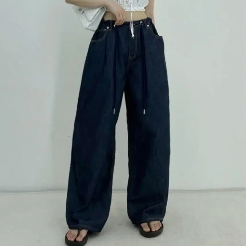 [BUNJANG] Dtwo String Raw Denim Pants (Dark Blue, Free Size) / 디투 스트링 생지 팬츠 (진청,F)