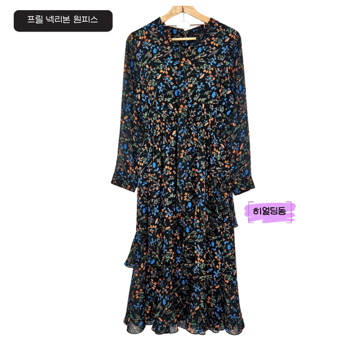 [BUNJANG] Tylen Chiffon Frill Floral Neck Ribbon Dress / 딩동 :) 티렌 쉬폰 프릴 플라워 넥리본 원피스