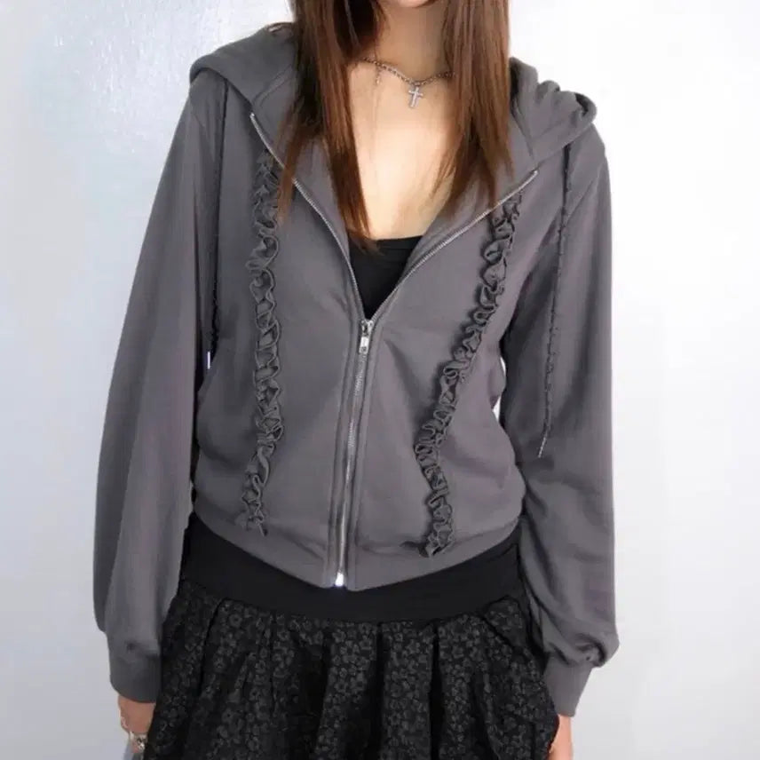[BUNJANG] Loose Slipover Frill Hooded Zip-up / 루즈슬립오버 프릴 후드집업