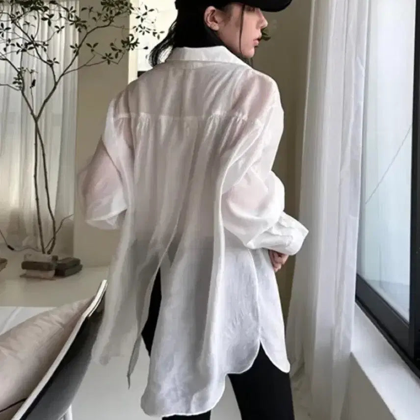 [BUNJANG] Frommuse Kinda Long Sh Sheer Shirt White / [새상품] 프롬뮤즈 kinda long sh 시스루 셔츠 화이트