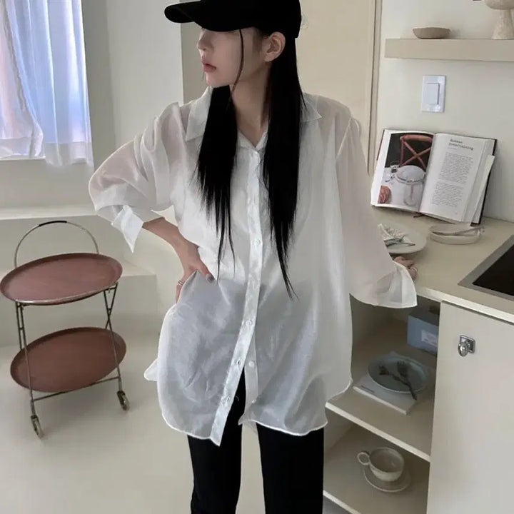 [BUNJANG] Frommuse Kinda Long Sh Sheer Shirt White / [새상품] 프롬뮤즈 kinda long sh 시스루 셔츠 화이트