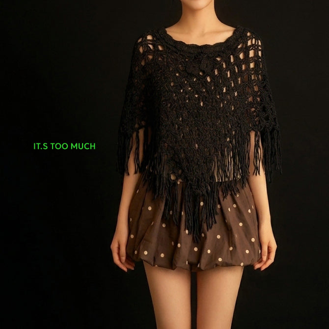 [BUNJANG] Unbalance 1808 Vintage Black Knit Shawl / 1808 플라워 빈티지망토 코사지 니트망토 니트블랙숄 니트스웨터