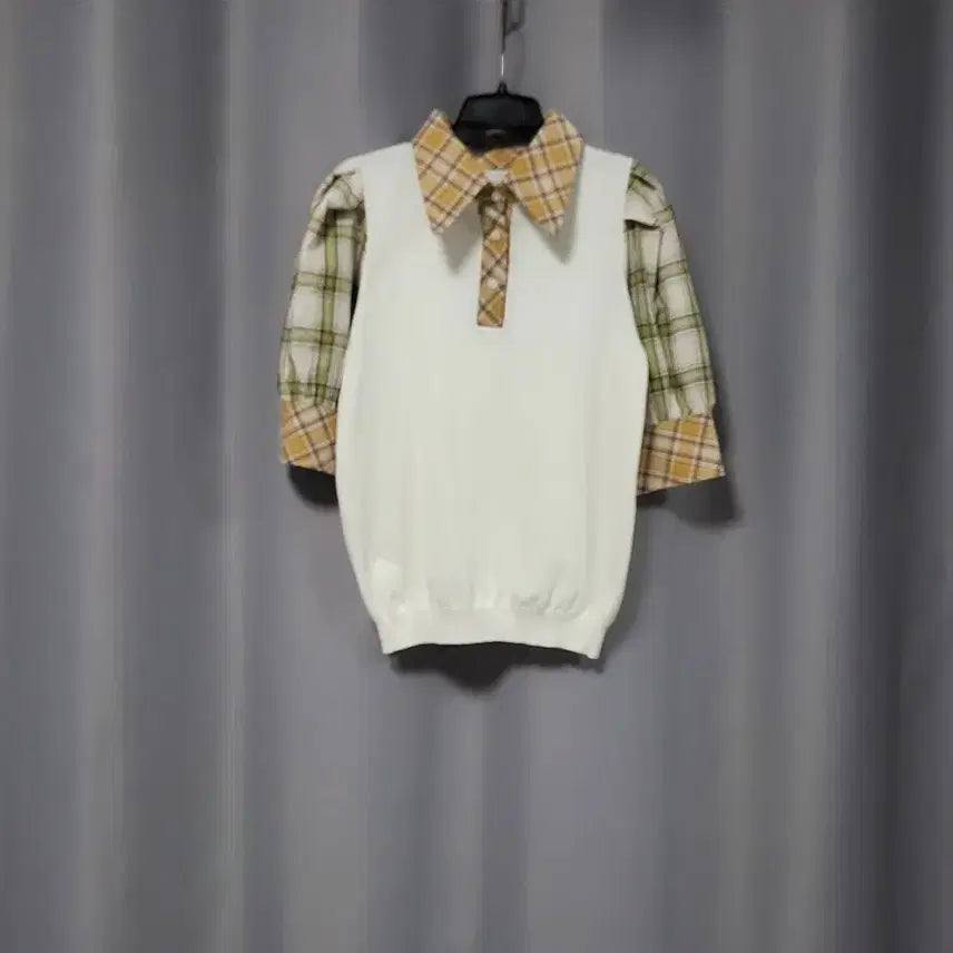 [BUNJANG] Layered Checkered Shirt Knit Top / 체크 셔츠 레이어드 니트