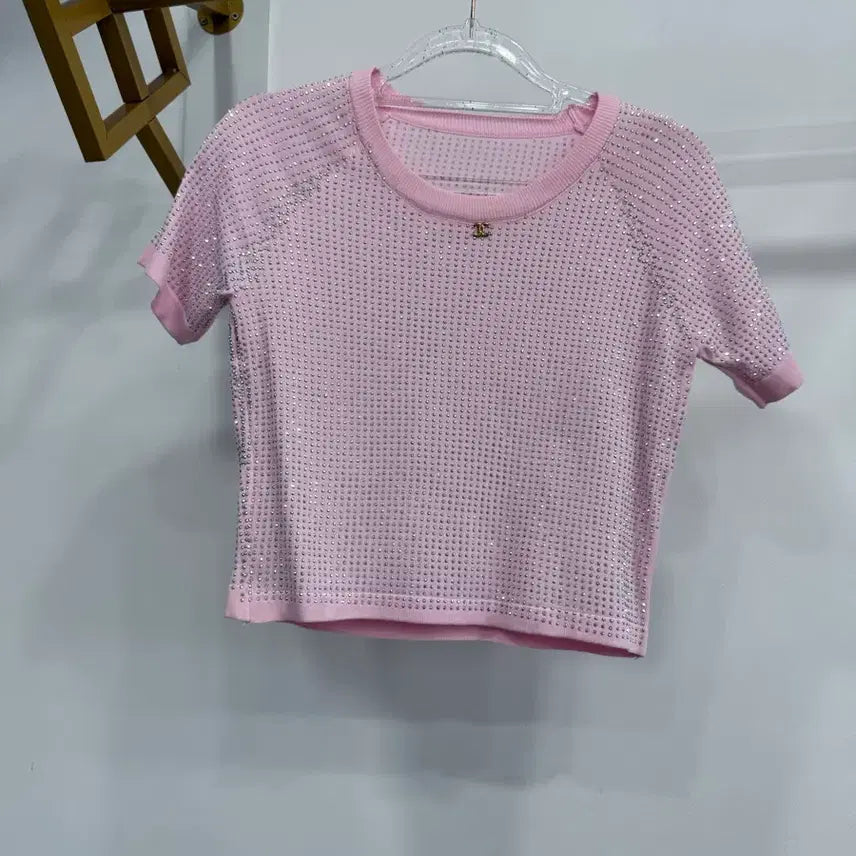 [BUNJANG] Pink Round Neck Cubic Embellished Short Sleeve T-shirt / 핑크 라운드넥 큐빅 반팔 티셔츠