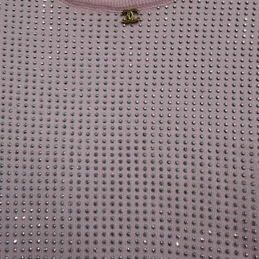 [BUNJANG] Pink Round Neck Cubic Embellished Short Sleeve T-shirt / 핑크 라운드넥 큐빅 반팔 티셔츠