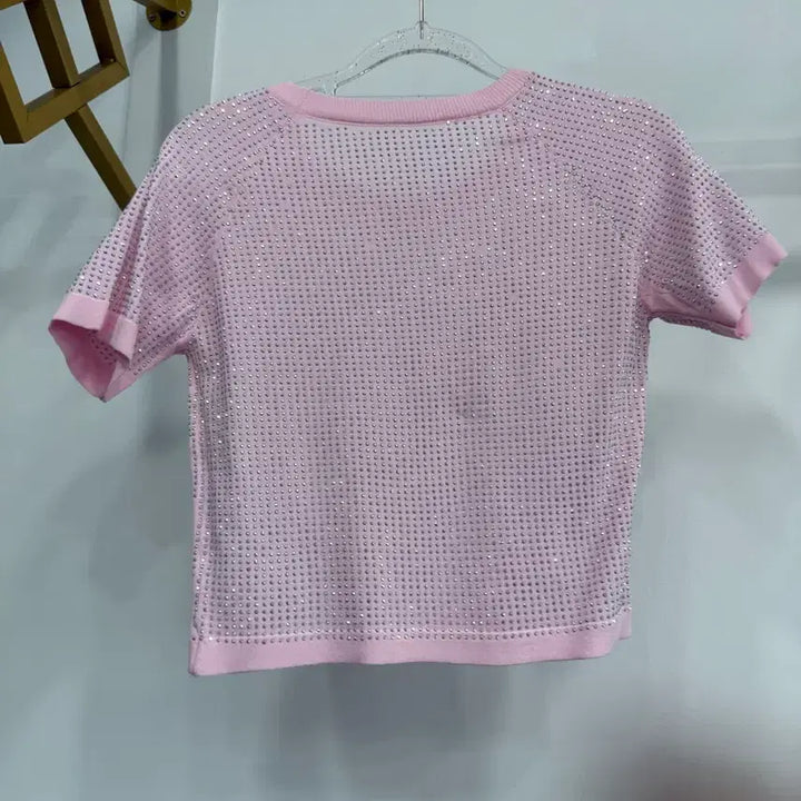 [BUNJANG] Pink Round Neck Cubic Embellished Short Sleeve T-shirt / 핑크 라운드넥 큐빅 반팔 티셔츠