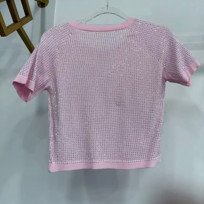 [BUNJANG] Pink Round Neck Cubic Embellished Short Sleeve T-shirt / 핑크 라운드넥 큐빅 반팔 티셔츠