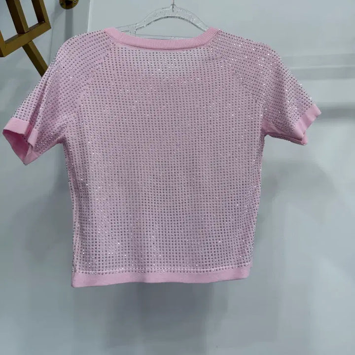 [BUNJANG] Pink Round Neck Cubic Embellished Short Sleeve T-shirt / 핑크 라운드넥 큐빅 반팔 티셔츠
