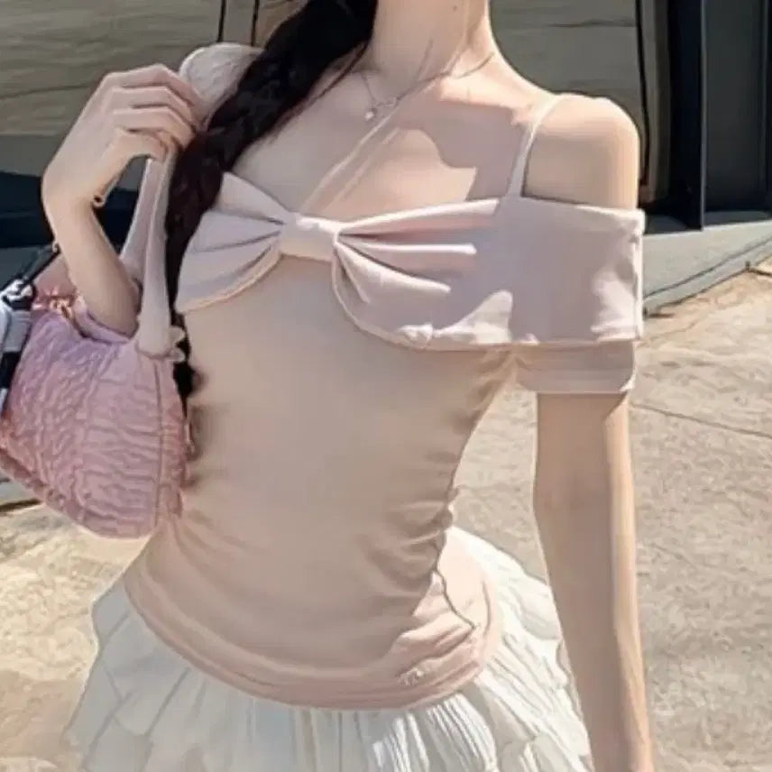 [BUNJANG] Ribbon Off-Shoulder Short-Sleeve T-Shirt - Pink / 리본 오프숄더 핑크