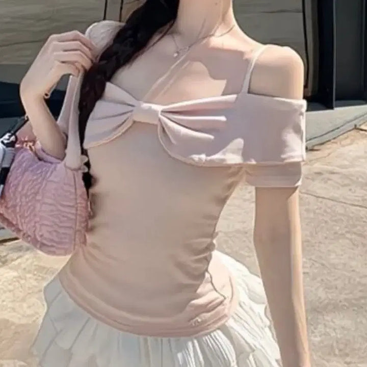 [BUNJANG] Ribbon Off-Shoulder Short-Sleeve T-Shirt - Pink / 리본 오프숄더 핑크