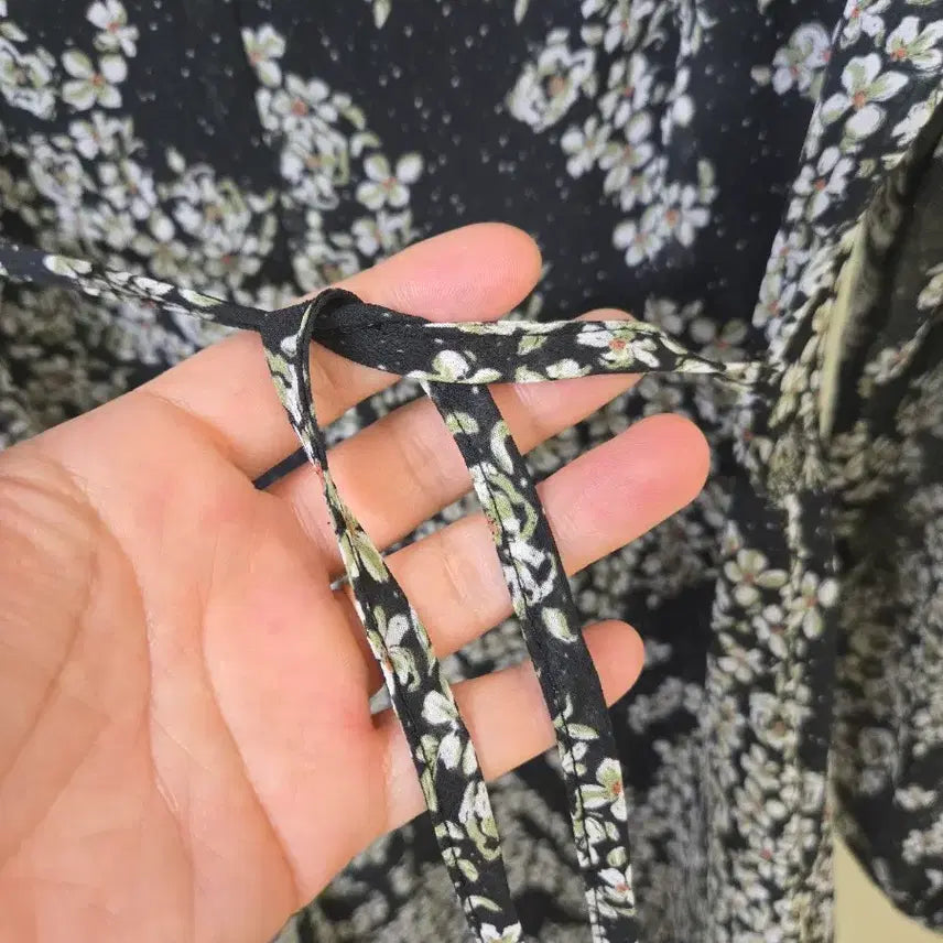 [BUNJANG] Black Floral Print Chiffon Long Dress / 검정 잔꽃무늬 롱 원피스 시폰