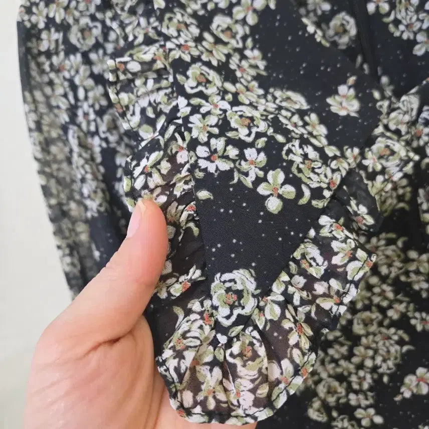 [BUNJANG] Black Floral Print Chiffon Long Dress / 검정 잔꽃무늬 롱 원피스 시폰