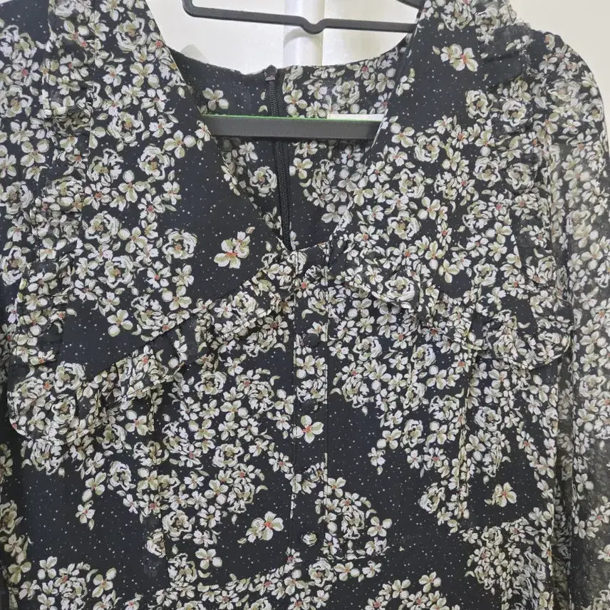 [BUNJANG] Black Floral Print Chiffon Long Dress / 검정 잔꽃무늬 롱 원피스 시폰