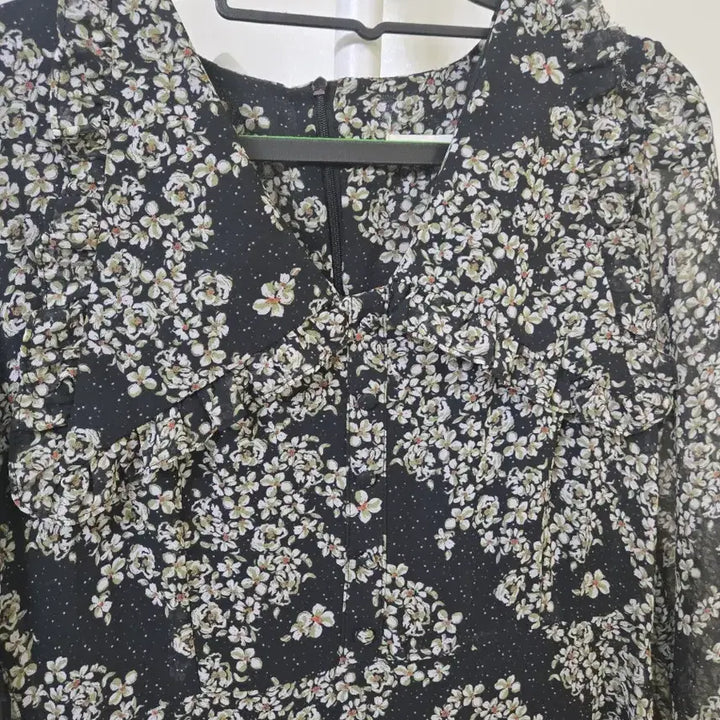 [BUNJANG] Black Floral Print Chiffon Long Dress / 검정 잔꽃무늬 롱 원피스 시폰