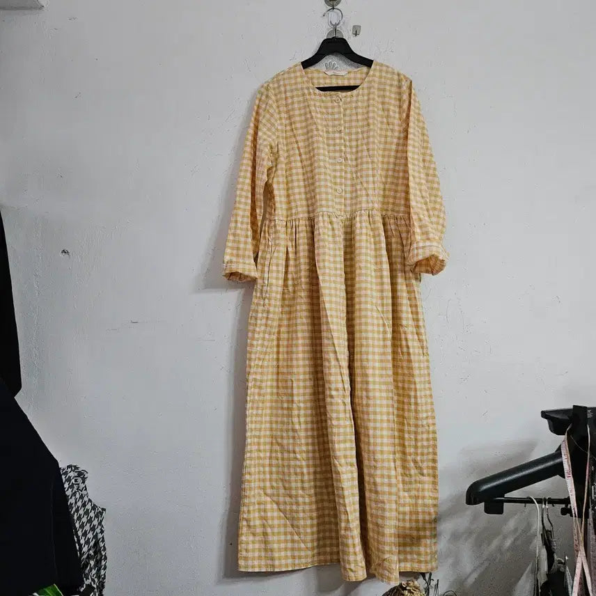 [SOLD OUT] 옐로우 체크 롱 원피스 7부 소매