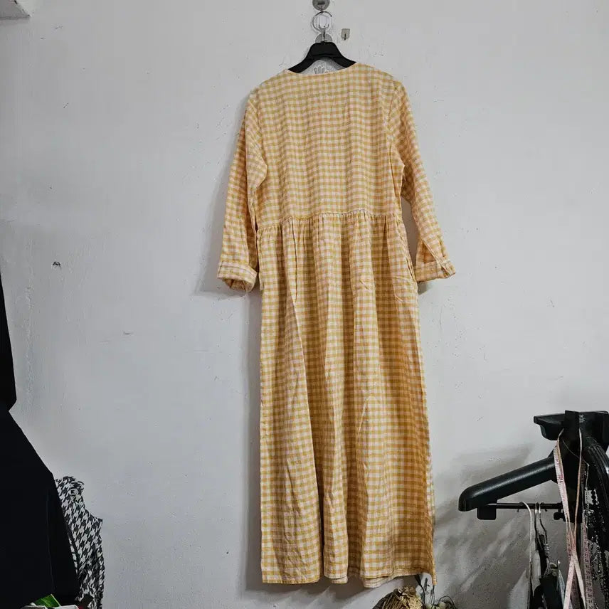 [SOLD OUT] 옐로우 체크 롱 원피스 7부 소매