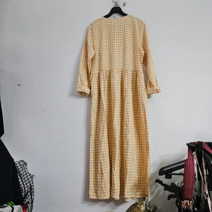 [SOLD OUT] 옐로우 체크 롱 원피스 7부 소매