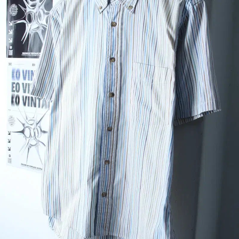 [BUNJANG] Chaps Striped Polo Shirt / (M) 챕스 반팔 카라 티셔츠 셔츠 남방 스트라이프 블루-183A7
