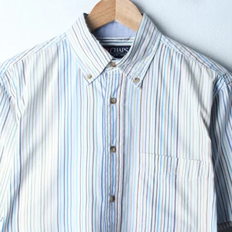 [BUNJANG] Chaps Striped Polo Shirt / (M) 챕스 반팔 카라 티셔츠 셔츠 남방 스트라이프 블루-183A7