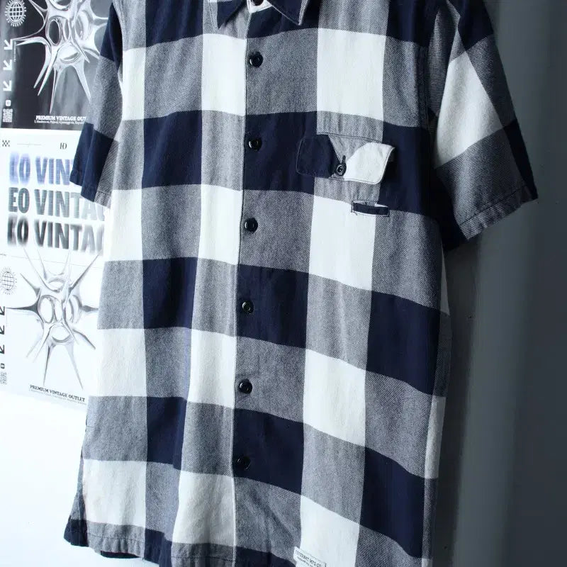 [BUNJANG] Covernat Checkered Navy Short Sleeve Shirt / (M-L) 커버낫 반팔 카라 티셔츠 셔츠 남방 체크 네이비-183AE