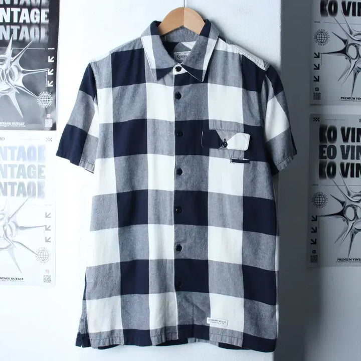 [BUNJANG] Covernat Checkered Navy Short Sleeve Shirt / (M-L) 커버낫 반팔 카라 티셔츠 셔츠 남방 체크 네이비-183AE
