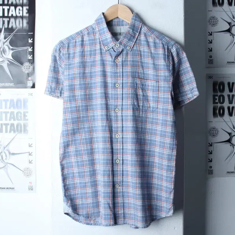 [SOLD OUT] (M) 시리즈 반팔 카라 티셔츠 셔츠 남방 체크 블루 린넨 마-183B3