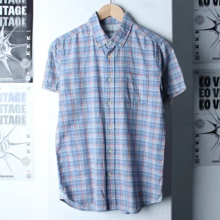 [SOLD OUT] (M) 시리즈 반팔 카라 티셔츠 셔츠 남방 체크 블루 린넨 마-183B3