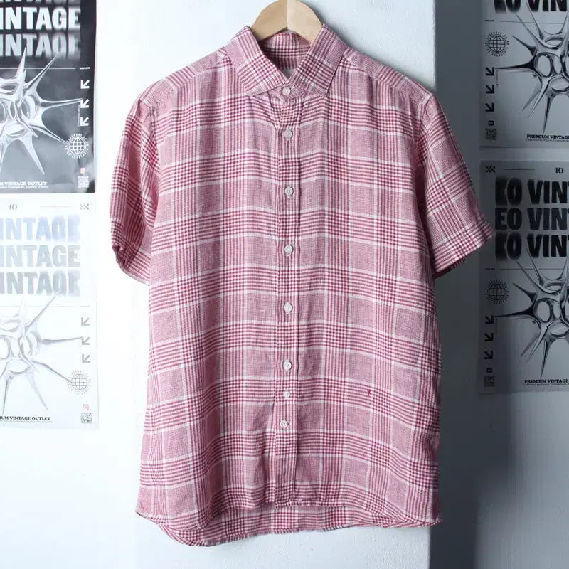 [BUNJANG] Unspecified Series Check Linen Shirt / (L-XL) 시리즈 반팔 카라 티셔츠 셔츠 남방 체크 린넨-183BD