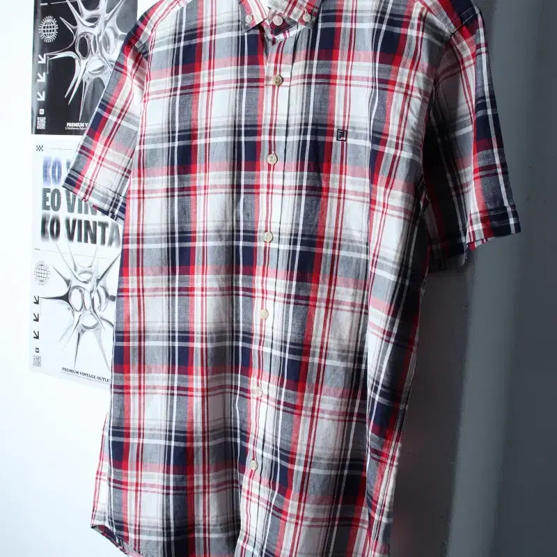 [BUNJANG] Fila Checkered Polo Shirt / (L-XL) 휠라 반팔 카라 티셔츠 셔츠 남방 체크 레드 마-183C2