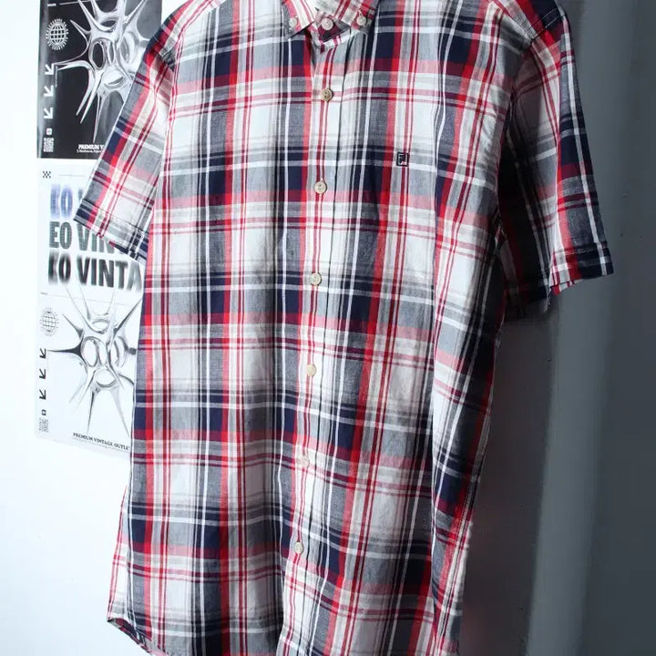 [BUNJANG] Fila Checkered Polo Shirt / (L-XL) 휠라 반팔 카라 티셔츠 셔츠 남방 체크 레드 마-183C2