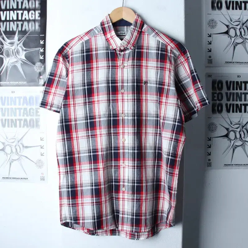 [BUNJANG] Fila Checkered Polo Shirt / (L-XL) 휠라 반팔 카라 티셔츠 셔츠 남방 체크 레드 마-183C2