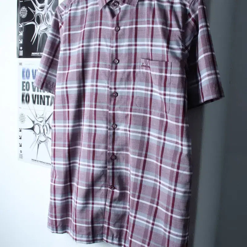 [BUNJANG] Indian Checkered Short Sleeve Shirt / (L-XL) 인디안 반팔 카라 티셔츠 셔츠 남방 체크 퍼플-183C3