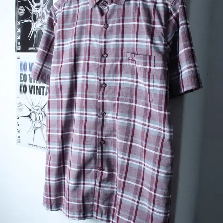 [BUNJANG] Indian Checkered Short Sleeve Shirt / (L-XL) 인디안 반팔 카라 티셔츠 셔츠 남방 체크 퍼플-183C3