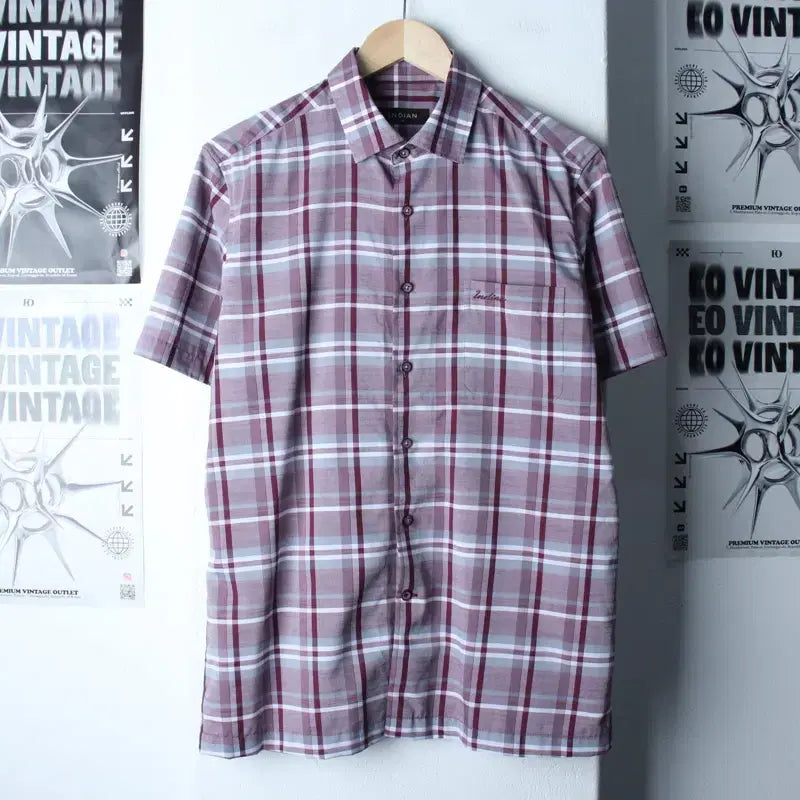 [BUNJANG] Indian Checkered Short Sleeve Shirt / (L-XL) 인디안 반팔 카라 티셔츠 셔츠 남방 체크 퍼플-183C3