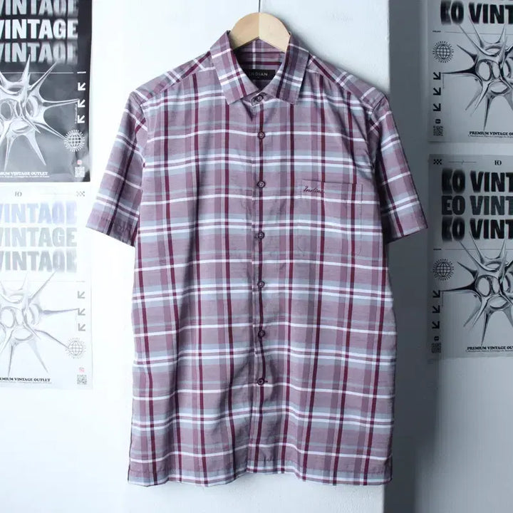 [BUNJANG] Indian Checkered Short Sleeve Shirt / (L-XL) 인디안 반팔 카라 티셔츠 셔츠 남방 체크 퍼플-183C3