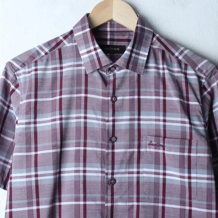 [BUNJANG] Indian Checkered Short Sleeve Shirt / (L-XL) 인디안 반팔 카라 티셔츠 셔츠 남방 체크 퍼플-183C3